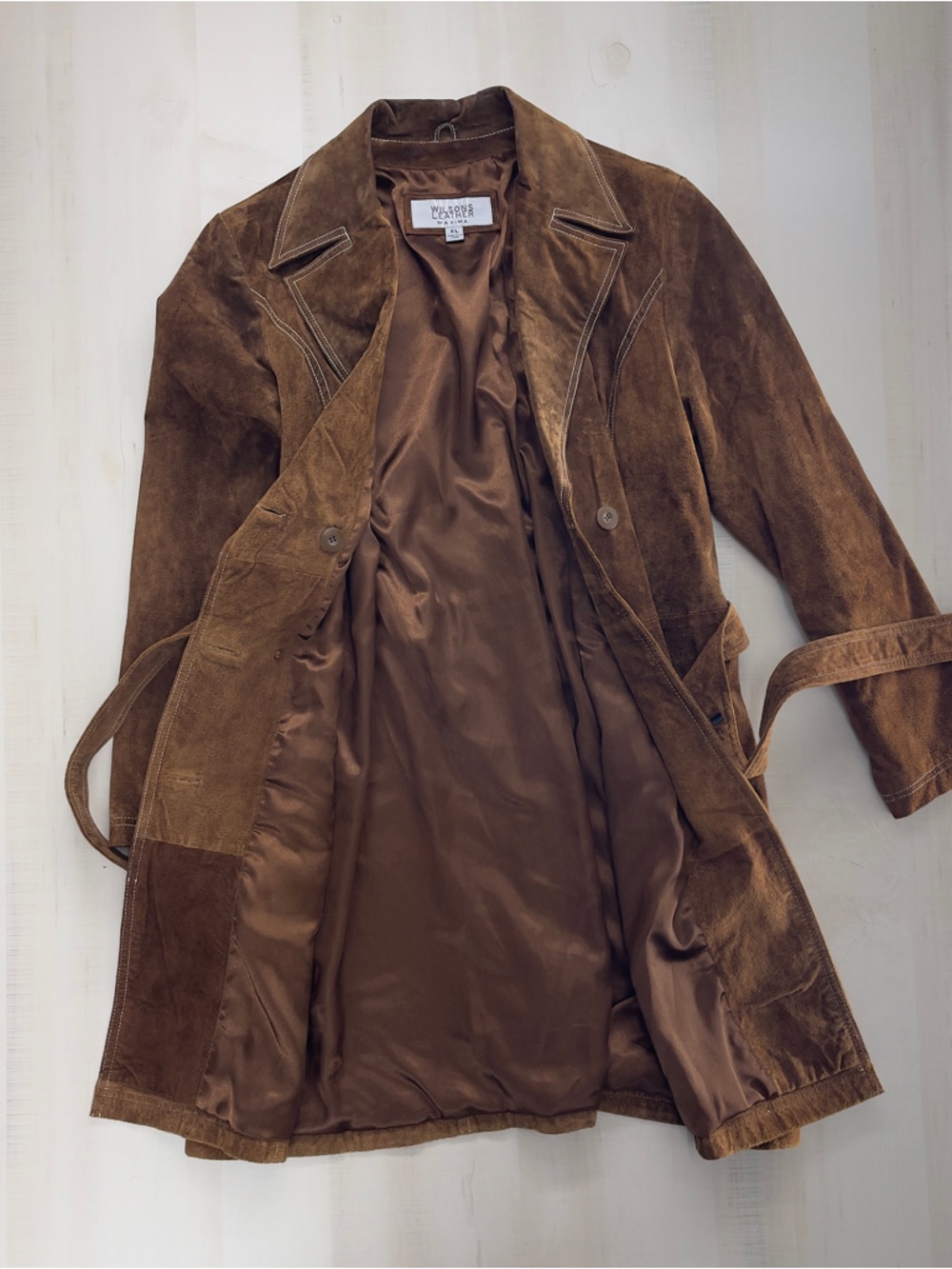 rare y2k WILSONS LEATHER maxima long brown suede leather jacket coat xl belted - Picture 4 of 8